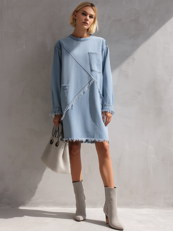 Teagan™ | Light blue denim mini dress with raw hem