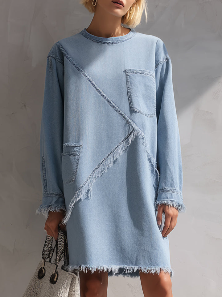 Teagan™ | Light blue denim mini dress with raw hem