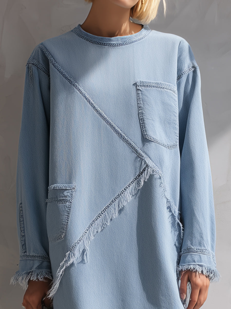 Teagan™ | Light blue denim mini dress with raw hem
