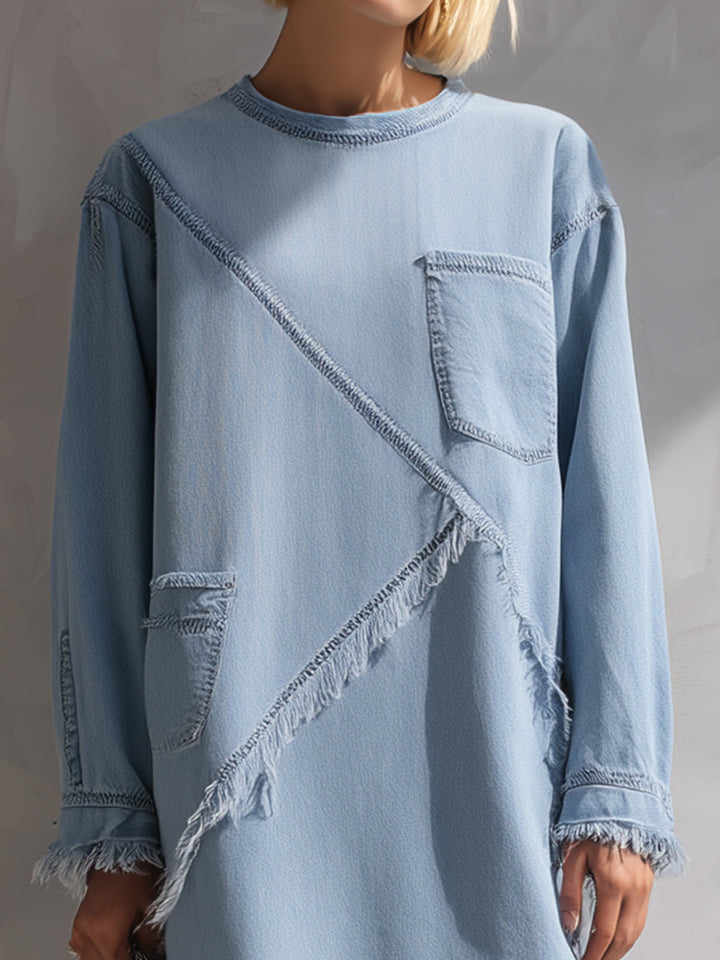 Teagan™ | Light blue denim mini dress with raw hem