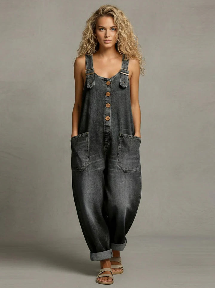 Moxelle - Women's Denim Overalls Wide Jumpsuit with Pockets and Straps