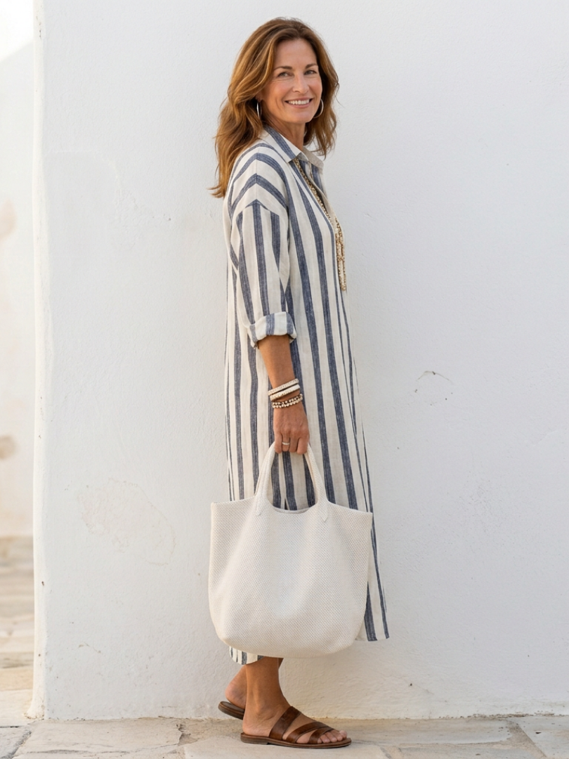 Naomi | Elegant and comfortable midi-length shirt dress with long sleeves and stripes