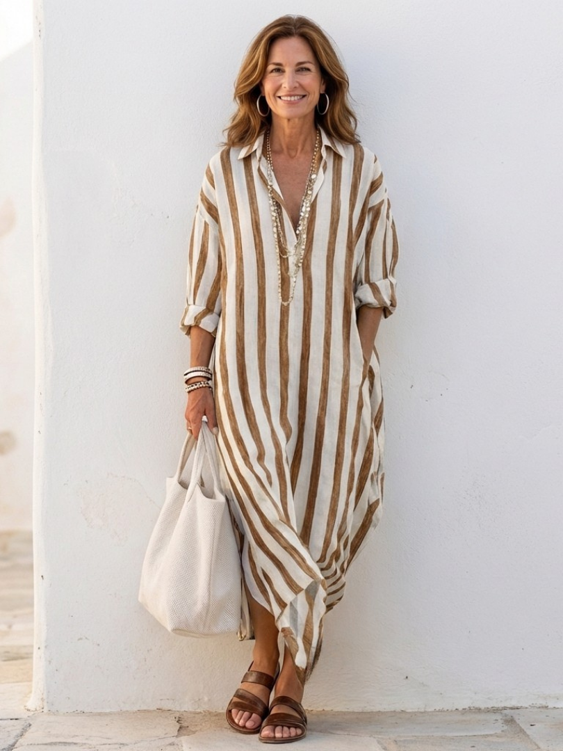 Naomi | Elegant and comfortable midi-length shirt dress with long sleeves and stripes