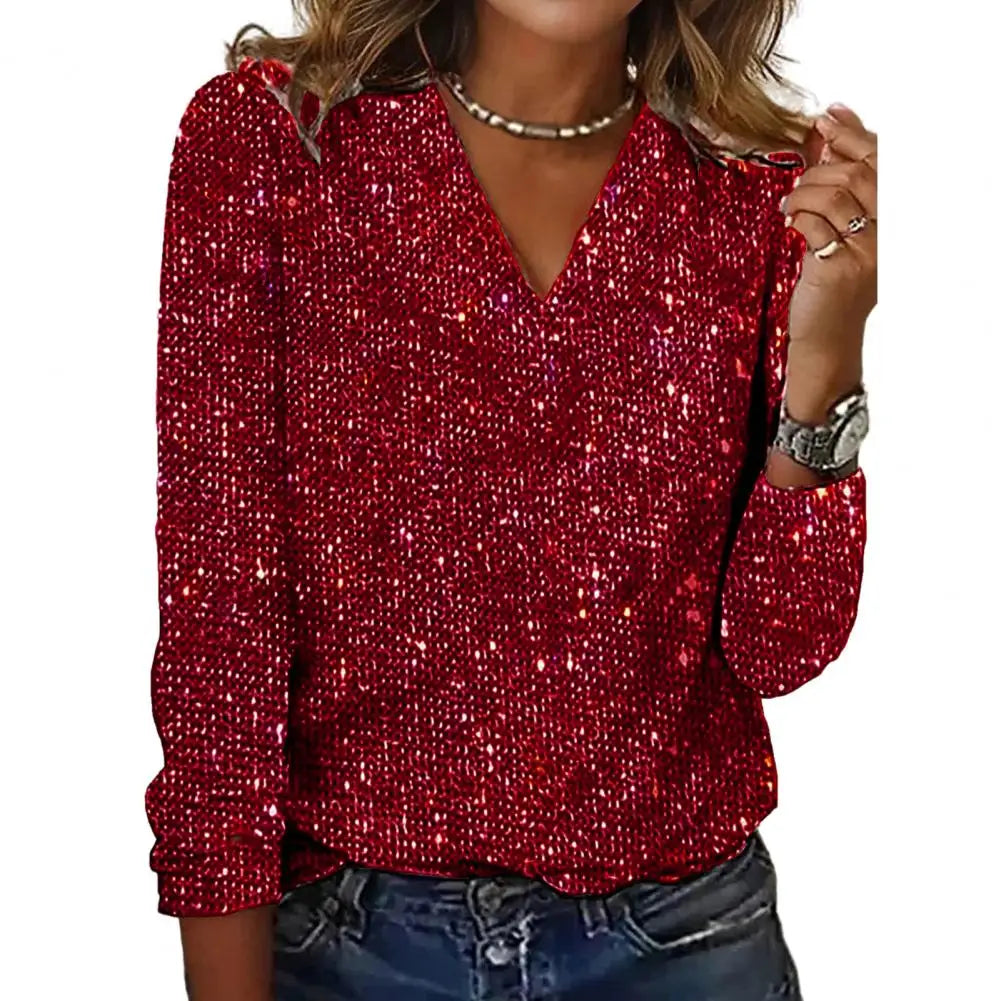 Emma | Shiny Sequin V-Neck Blouse