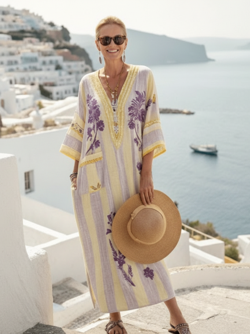 Aurelia | Elegant, flowing full-length dress with stripes and floral patterns, V-neck and short sleeves