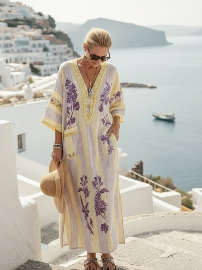 Aurelia | Elegant, flowing full-length dress with stripes and floral patterns, V-neck and short sleeves