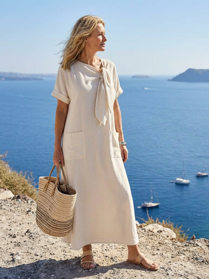 Elowyn | Elegant and comfortable long dress with a round neckline, short sleeves, and a practical pocket