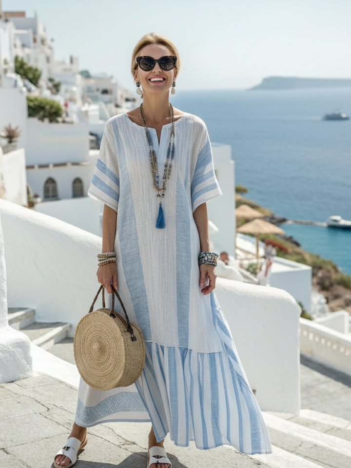 Ione | Elegant and Comfortable Striped Long Dress with a Round Neckline and Short Sleeves