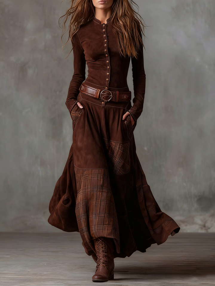 Patricia™ | Marineblauwe suède maxi-jurk met riem