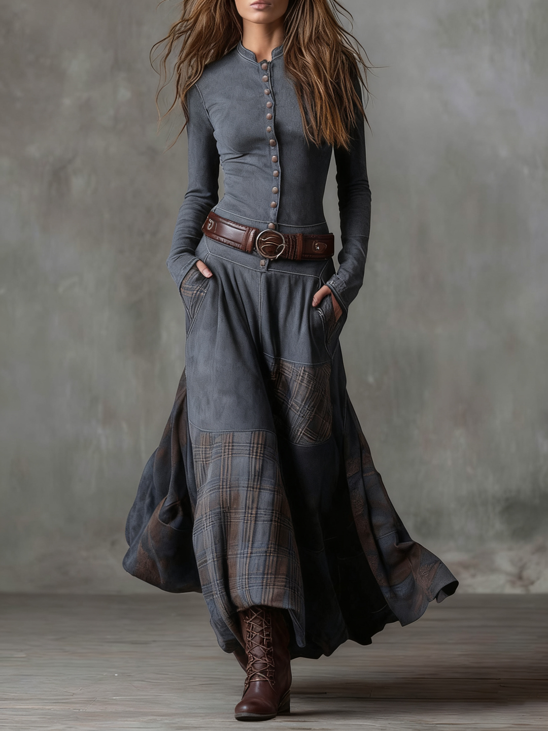 Patricia™ | Marineblauwe suède maxi-jurk met riem