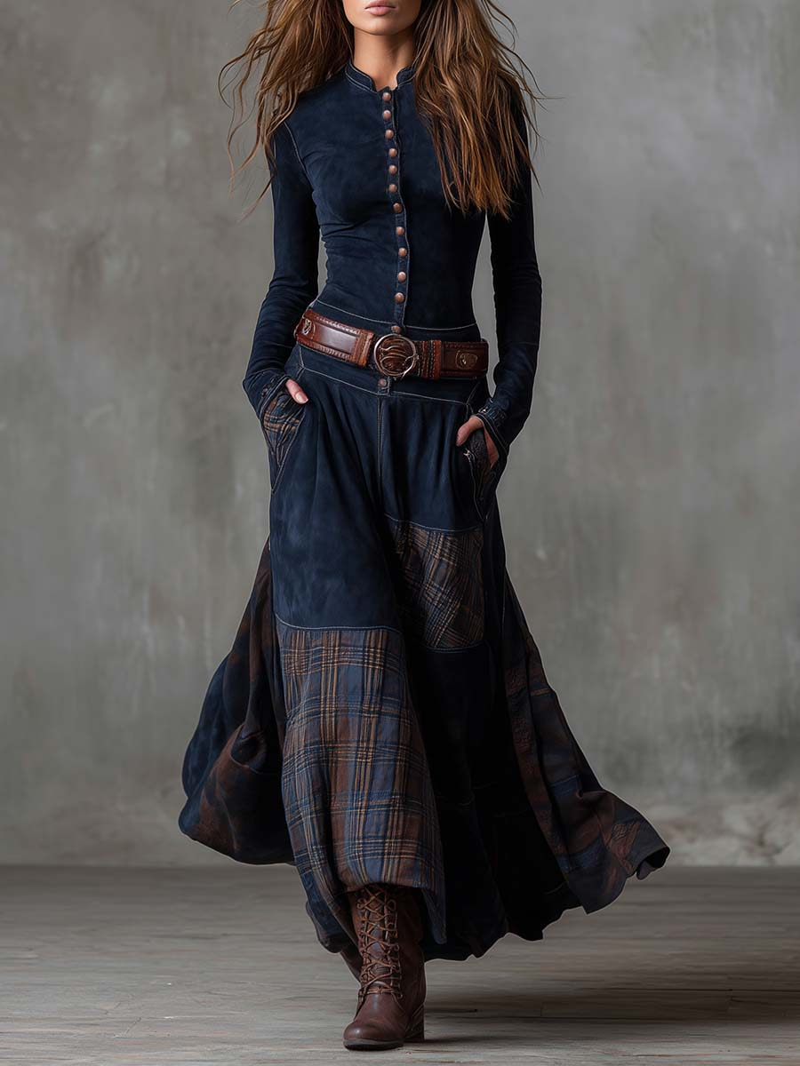 Patricia™ | Marineblauwe suède maxi-jurk met riem