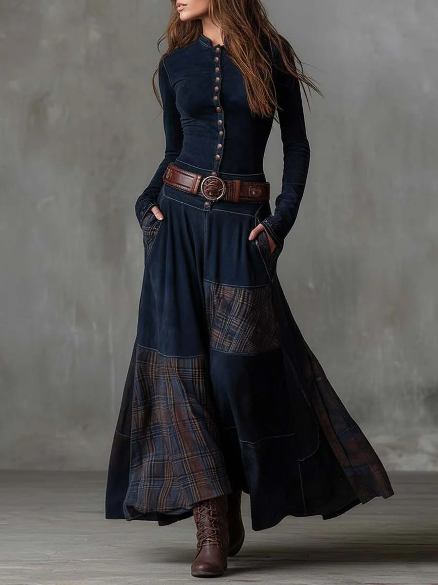 Patricia™ | Marineblauwe suède maxi-jurk met riem