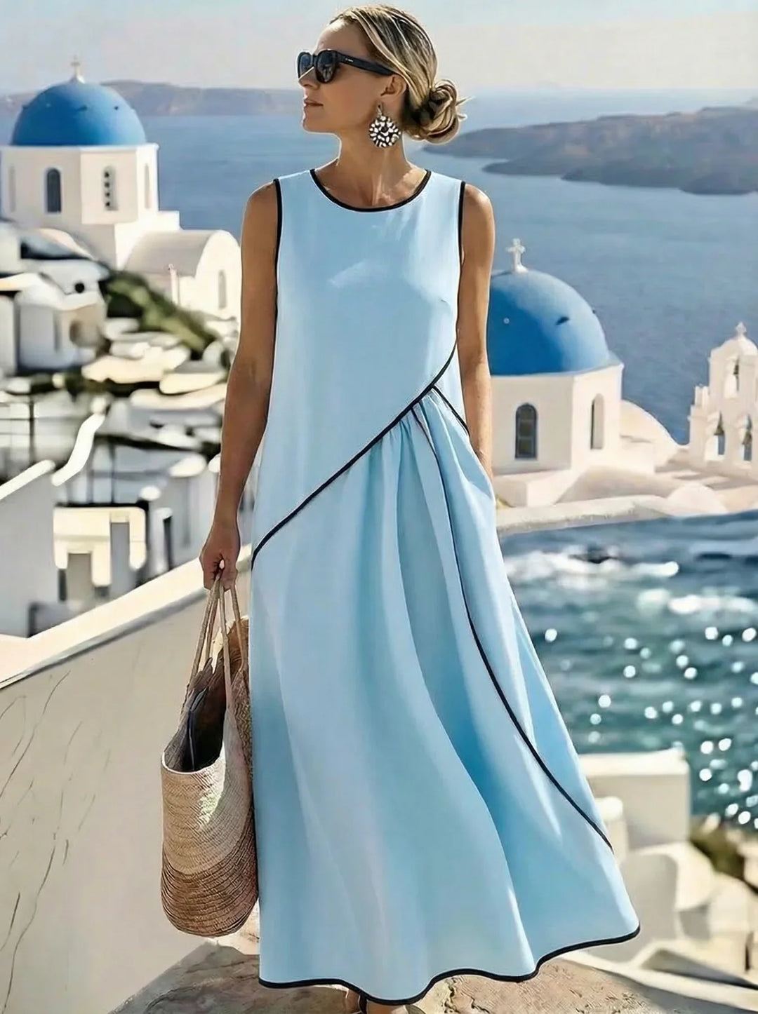 Soleia | Elegant, flowing, draped maxi dress, sleeveless with a round neckline