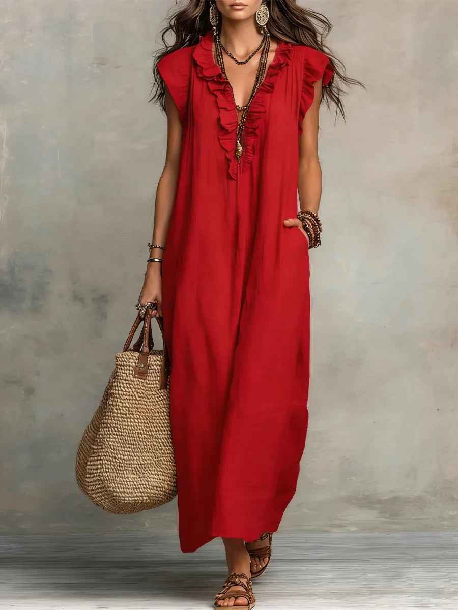 Izzellea - Women's Long Bohemian Linen-Cotton Dress with a Fluid Silhouette and Elegant Ruffles