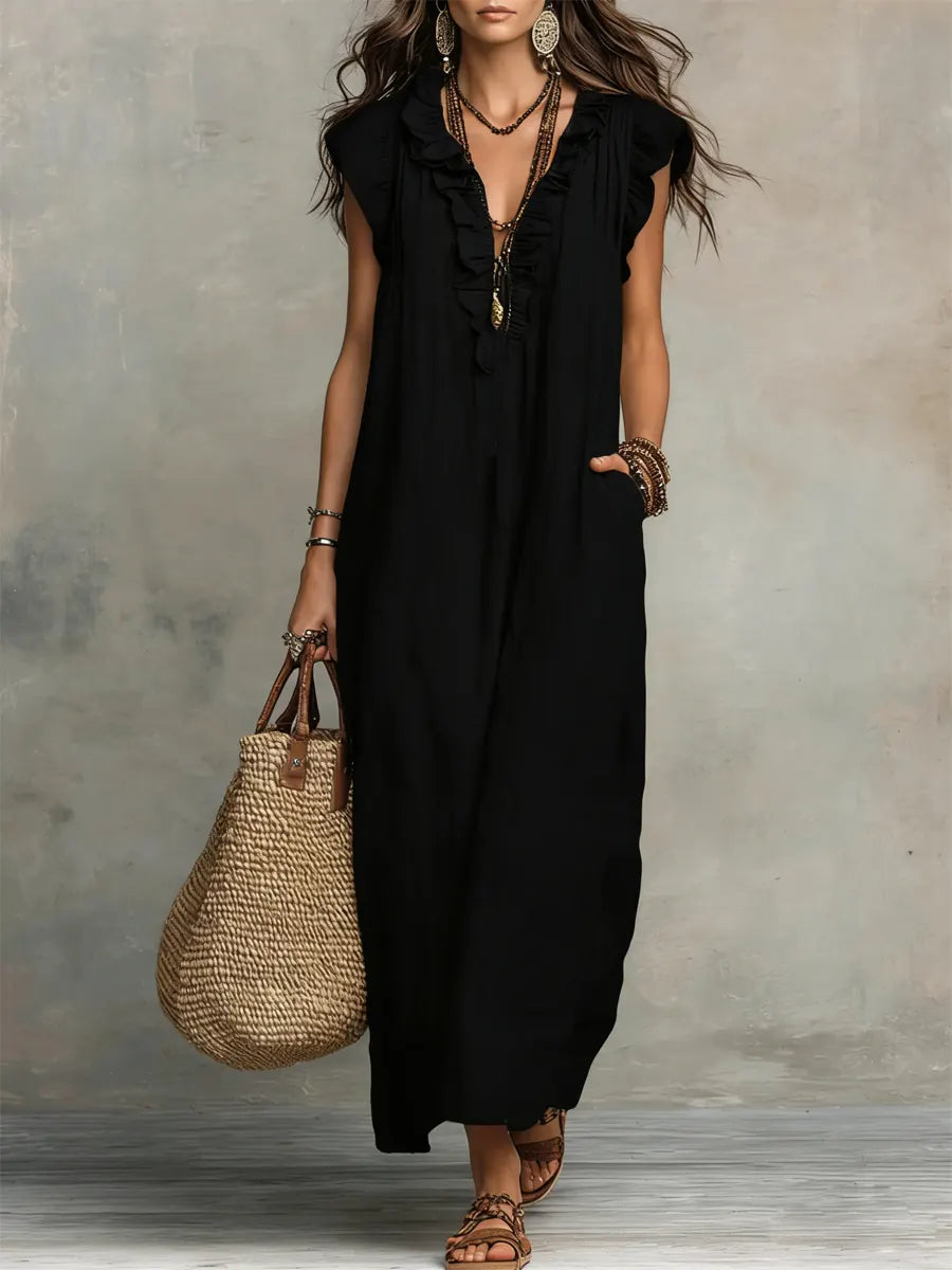 Izzellea - Women's Long Bohemian Linen-Cotton Dress with a Fluid Silhouette and Elegant Ruffles