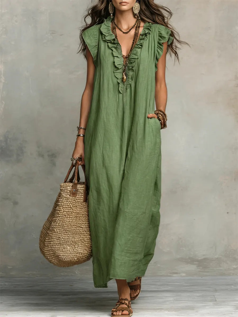Izzellea - Women's Long Bohemian Linen-Cotton Dress with a Fluid Silhouette and Elegant Ruffles