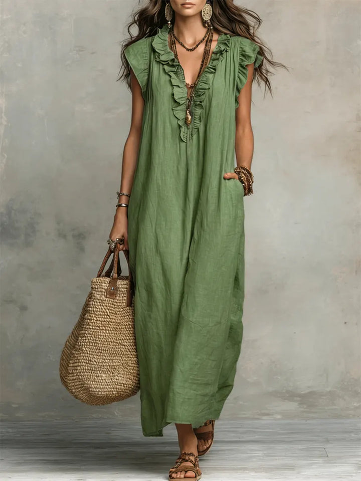 Izzellea - Women's Long Bohemian Linen-Cotton Dress with a Fluid Silhouette and Elegant Ruffles