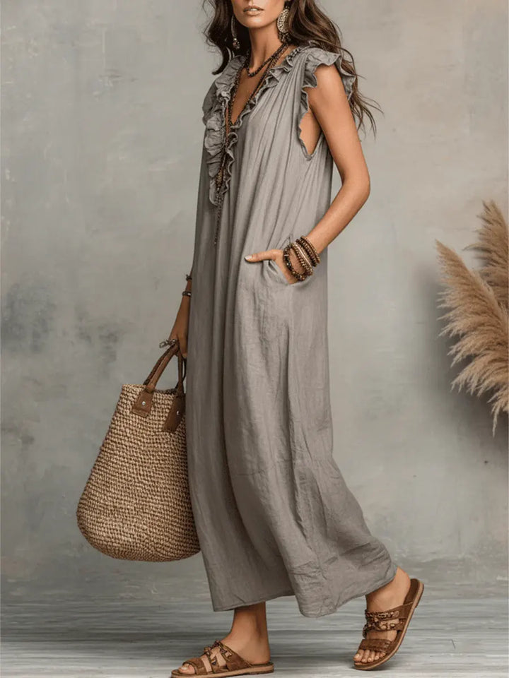Izzellea - Women's Long Bohemian Linen-Cotton Dress with a Fluid Silhouette and Elegant Ruffles