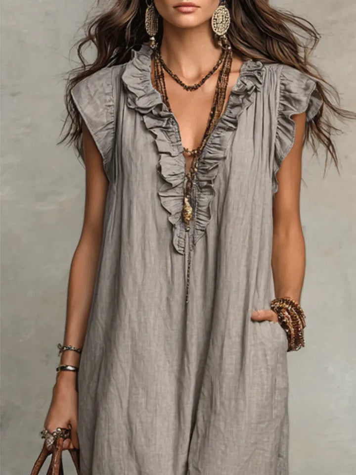 Izzellea - Women's Long Bohemian Linen-Cotton Dress with a Fluid Silhouette and Elegant Ruffles