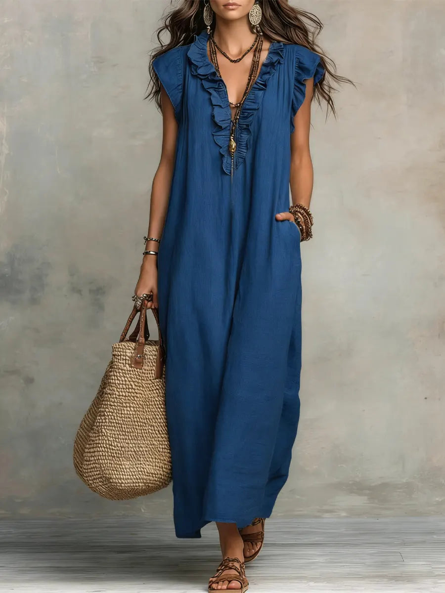 Izzellea - Women's Long Bohemian Linen-Cotton Dress with a Fluid Silhouette and Elegant Ruffles