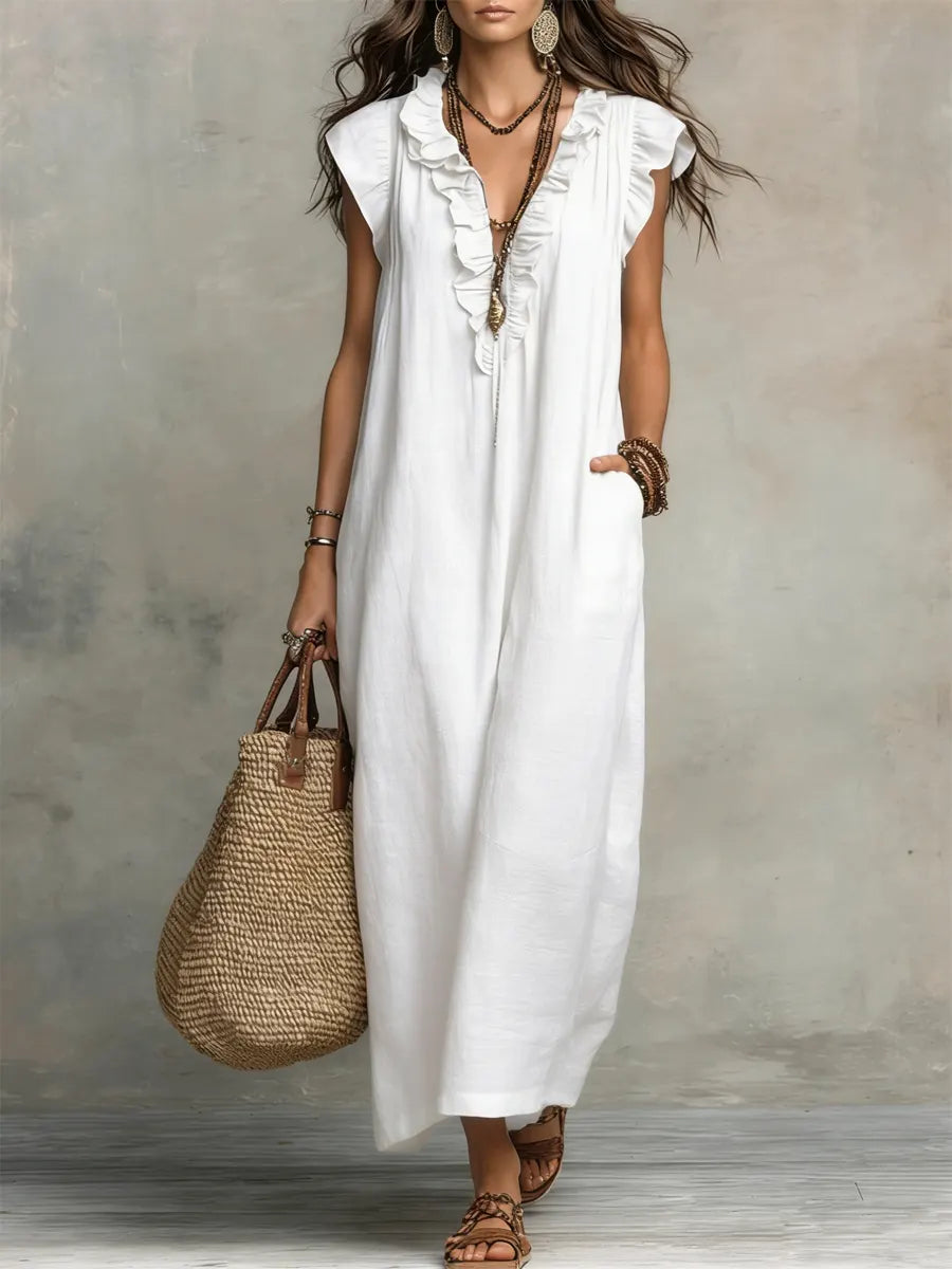 Izzellea - Women's Long Bohemian Linen-Cotton Dress with a Fluid Silhouette and Elegant Ruffles