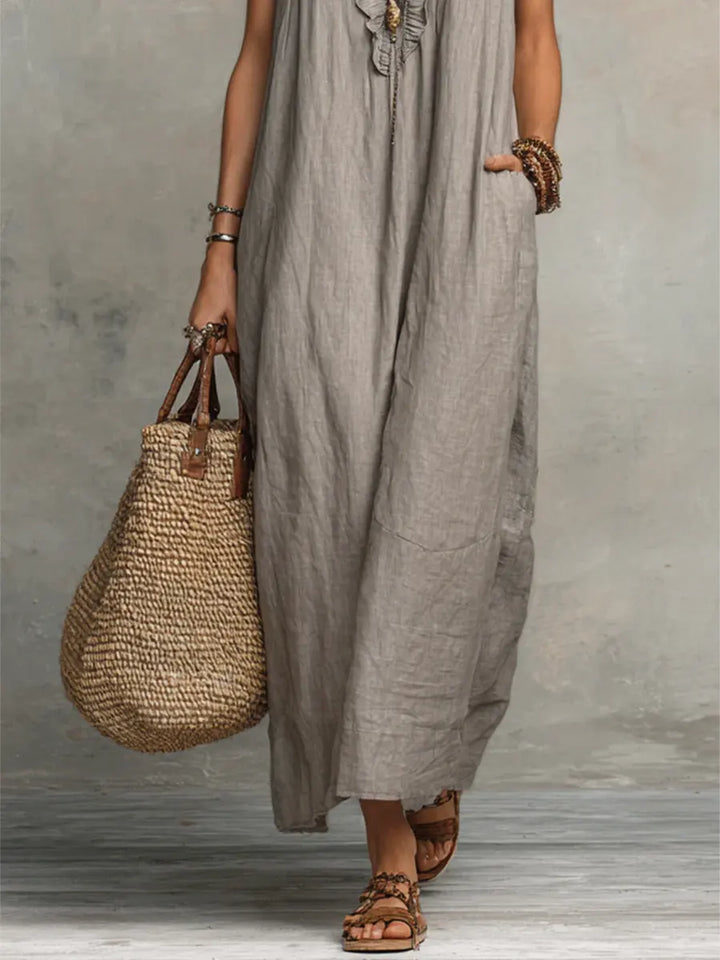 Izzellea - Women's Long Bohemian Linen-Cotton Dress with a Fluid Silhouette and Elegant Ruffles