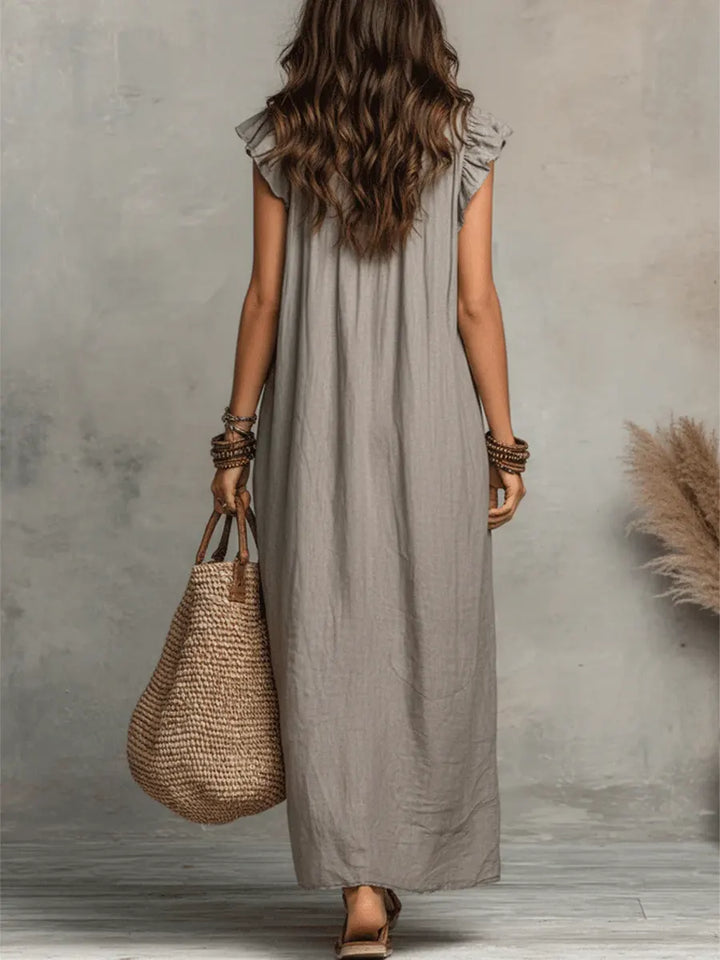 Izzellea - Women's Long Bohemian Linen-Cotton Dress with a Fluid Silhouette and Elegant Ruffles