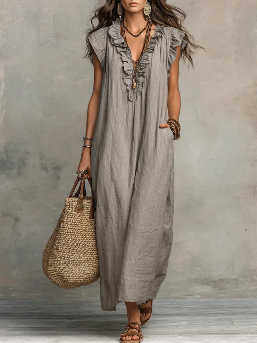 Izzellea - Women's Long Bohemian Linen-Cotton Dress with a Fluid Silhouette and Elegant Ruffles
